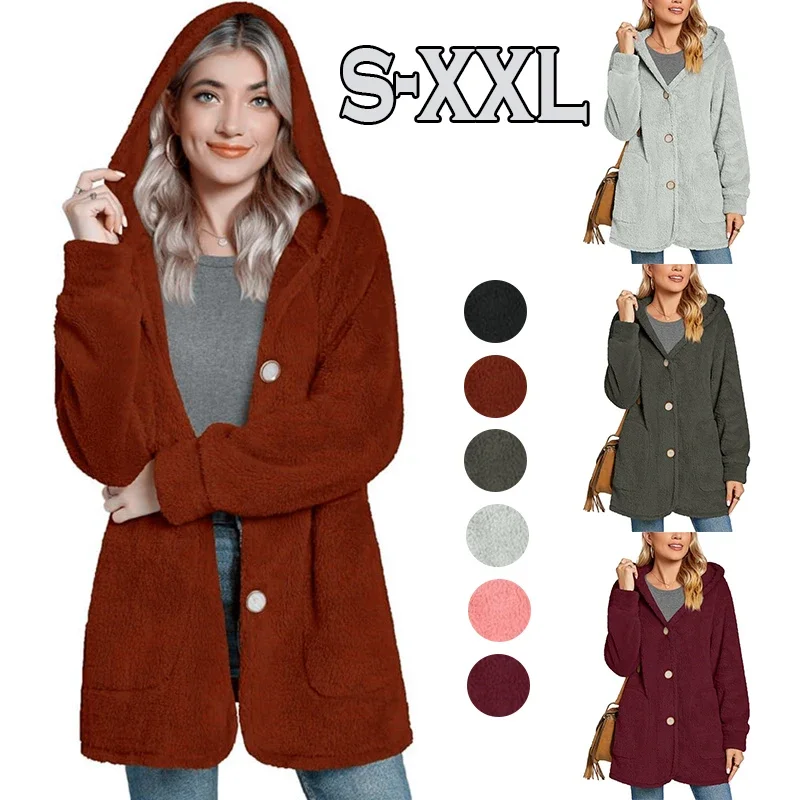 

Autumn Womens Plush Warm Hooded Coat Solid Color Teddy Bear Fleece Fluffy Big Pocket Button Cardigan Jacket Outdoor Casual Tops