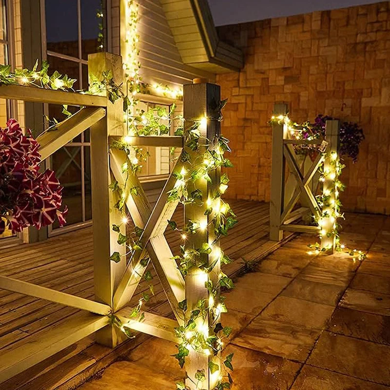 Solar outdoor waterproof LED lights string garden plants rattan tree leaves Wedding Christmas holiday decoration copper wire lig