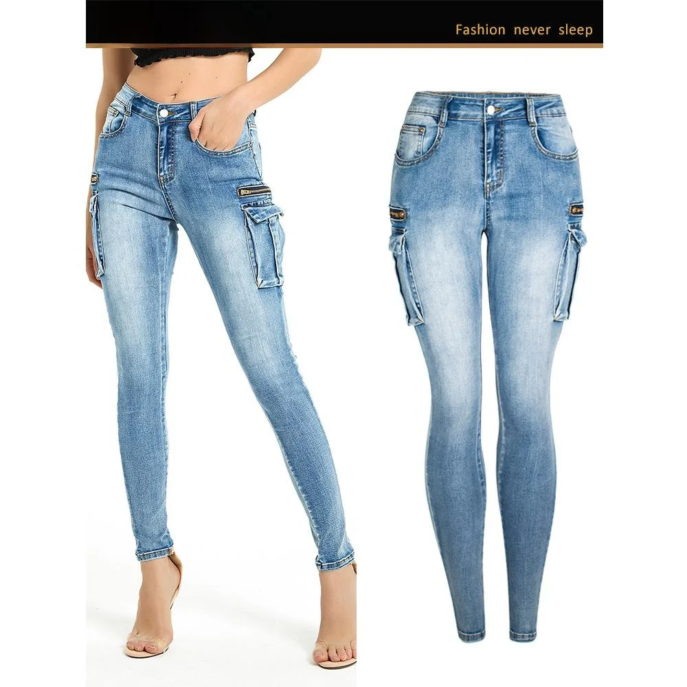 

Women's Slim Fit Denim Pants Multiple Pockets Fashionable Casual Trousers mid Stretch Cotton Jeans Natural Waist