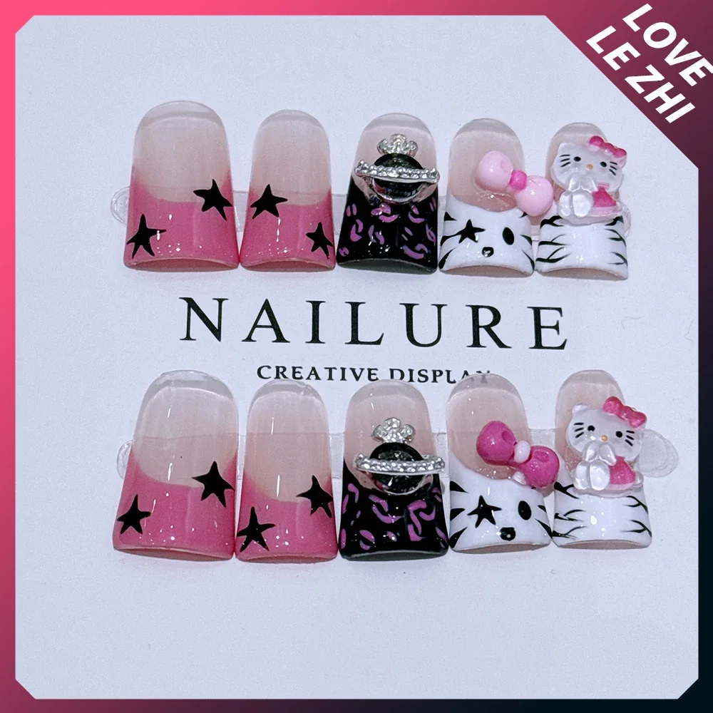 Kawaii Sanriod Hello Kitty Detachable Fake Nails Cartoon Duck Web Rhinestone Mymelody Cinnamoroll Kuromi Full Cover Nail Tips