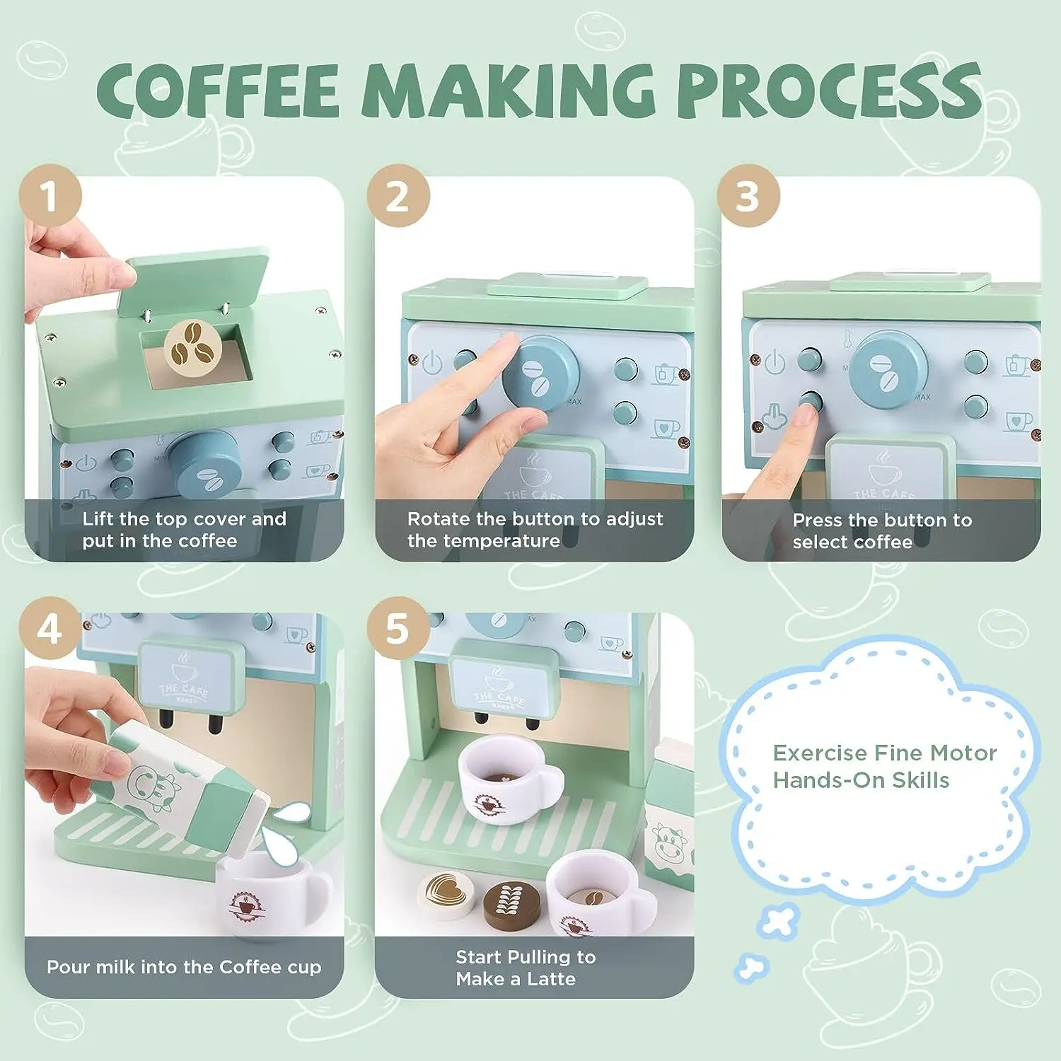 ألعاب المطبخ المحاكاة لبيت اللعب الخشبي للأطفال الصغار، ملحقات صانع القهوة لمحاكاة مونتيسوري لعبة مجموعة ألعاب المطبخ