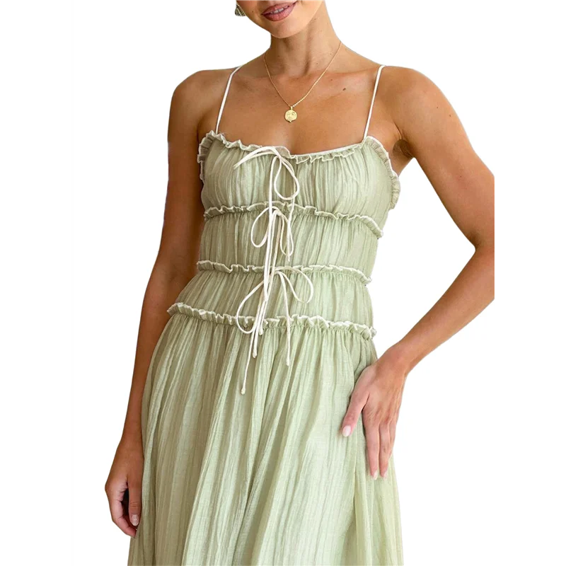 Abito estivo da donna 2025 Abito casual senza maniche con cinturino per spaghetti RIC Rac Trim Abito lungo da spiaggia con volant smock