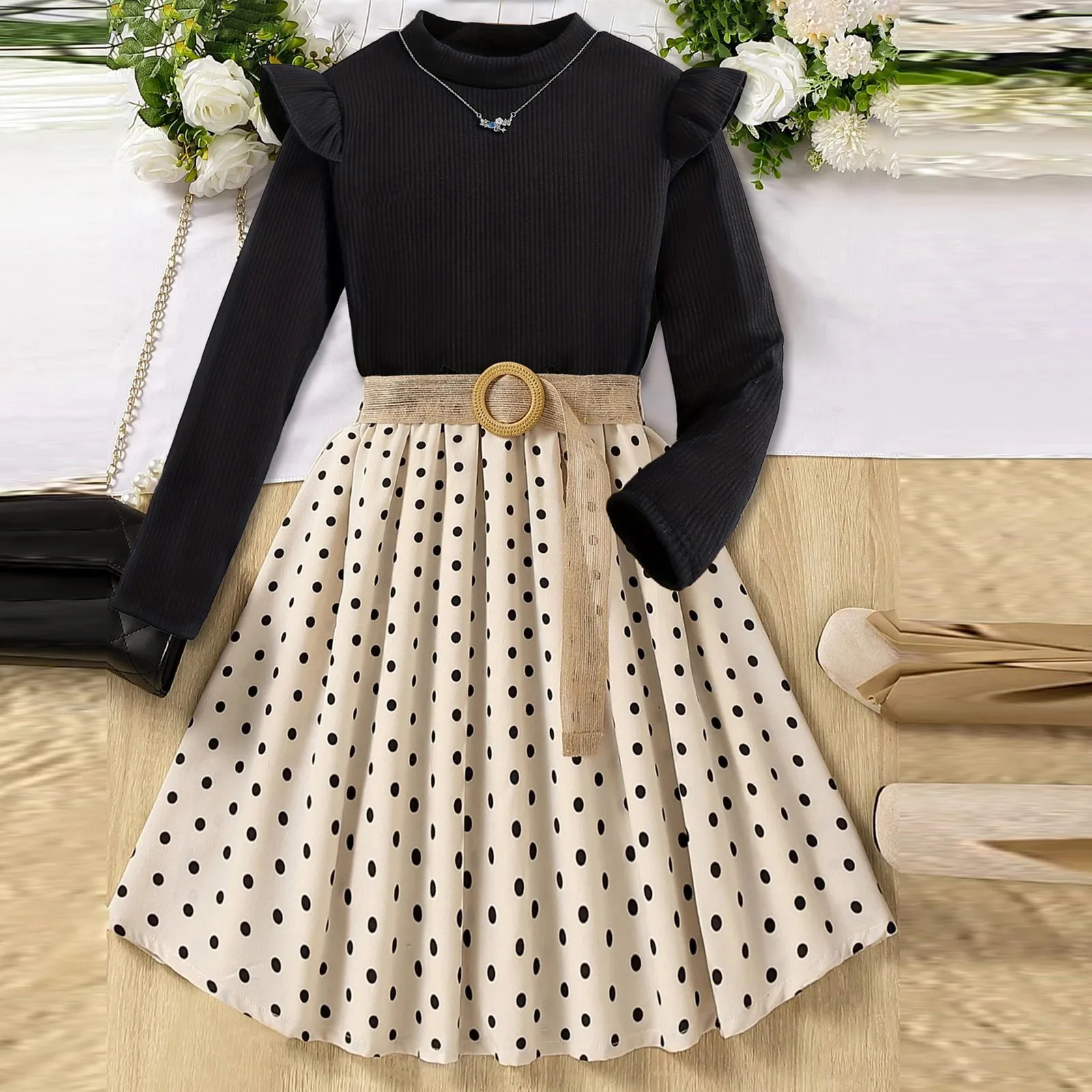 Girls Long Sleeve Leisure Polka Dots Print Fashion Comfortable Dress Smocked Dresses For Spring Fall Party Gift Girls Clothing