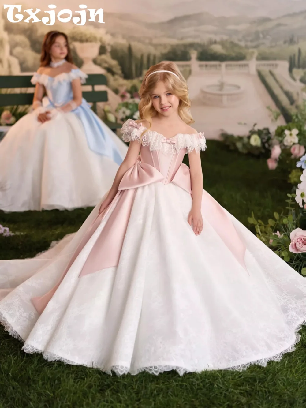 Girls Charming Lace Bow Pageant Gowns Exquisite Elegant Off Shoulder Kids Princess Gown Wedding Party Wear Formal Evening Dress