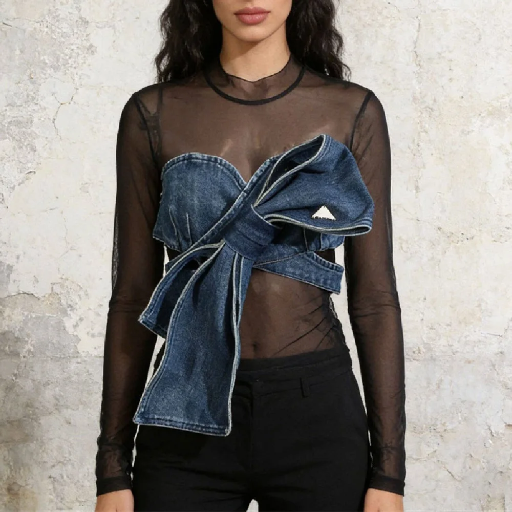 

2026 Women's Tops: Mesh & Denim Bow T-Shirt—Sexy, Sheer, Corset-Style Blouse | Y2K New Fashion Versatile Pullover bra