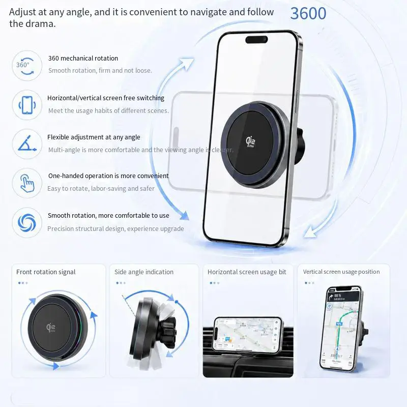 Mobile phone holder 25W wireless magnetized suction 360 rotating air outlet navigation mobile phone holder
