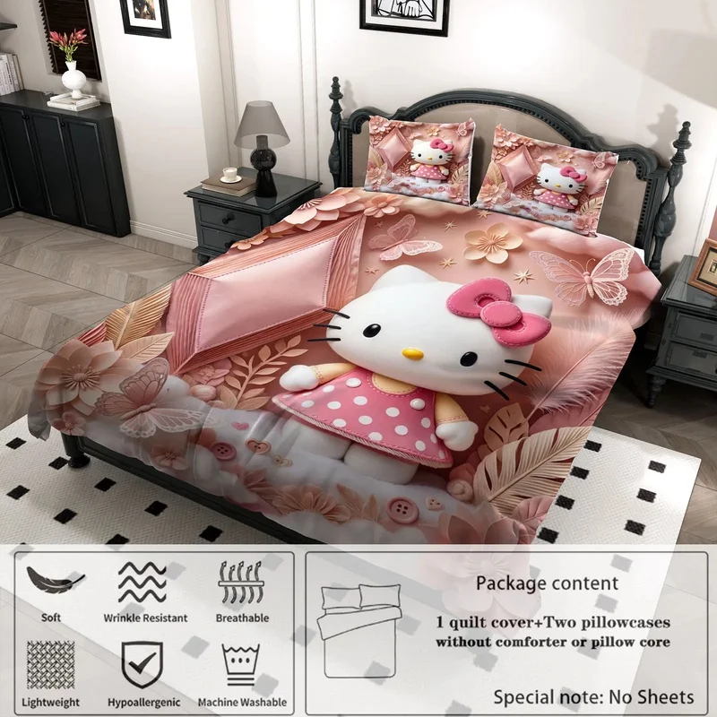 Sweet Floral Kitty 3 Piece Bedding Set Pale Pink Leaf Flower Butterfly Print Soft Duvet Cover For Daily Bedroom Use