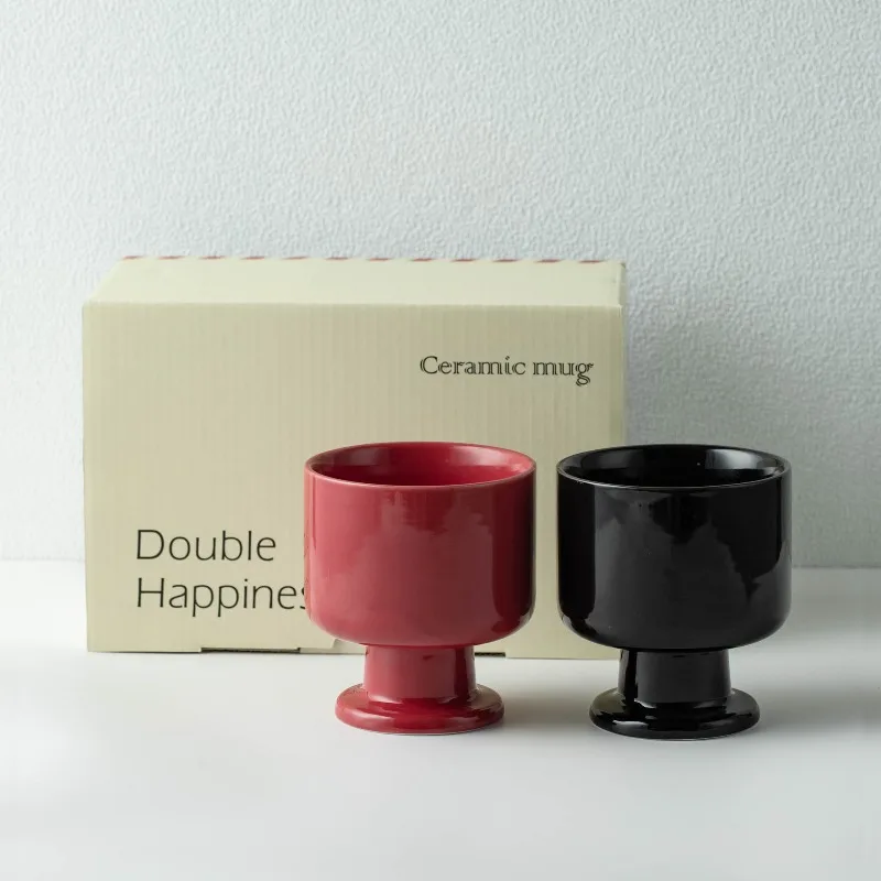 

Korean Style Premium Feel Black Red High Footed Cups Niche Ceramic Mugs Coffee Breakfast Milk Cup Simple Solid Color Ceramic Mug