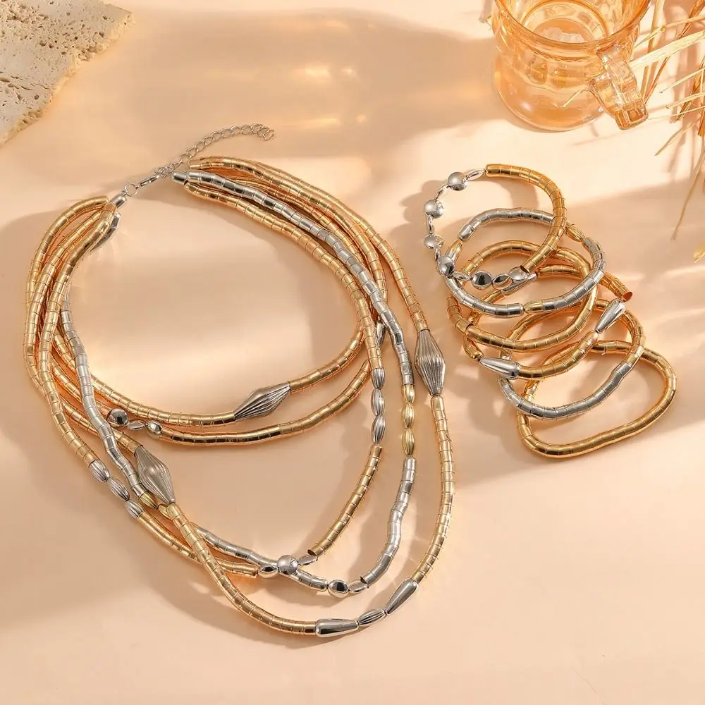 Fashion Metal Chain Beads Necklace Bracelet Set Layered Gold Elastic Bracelet Stackable Neck Jewelry Woven Bangle Gift