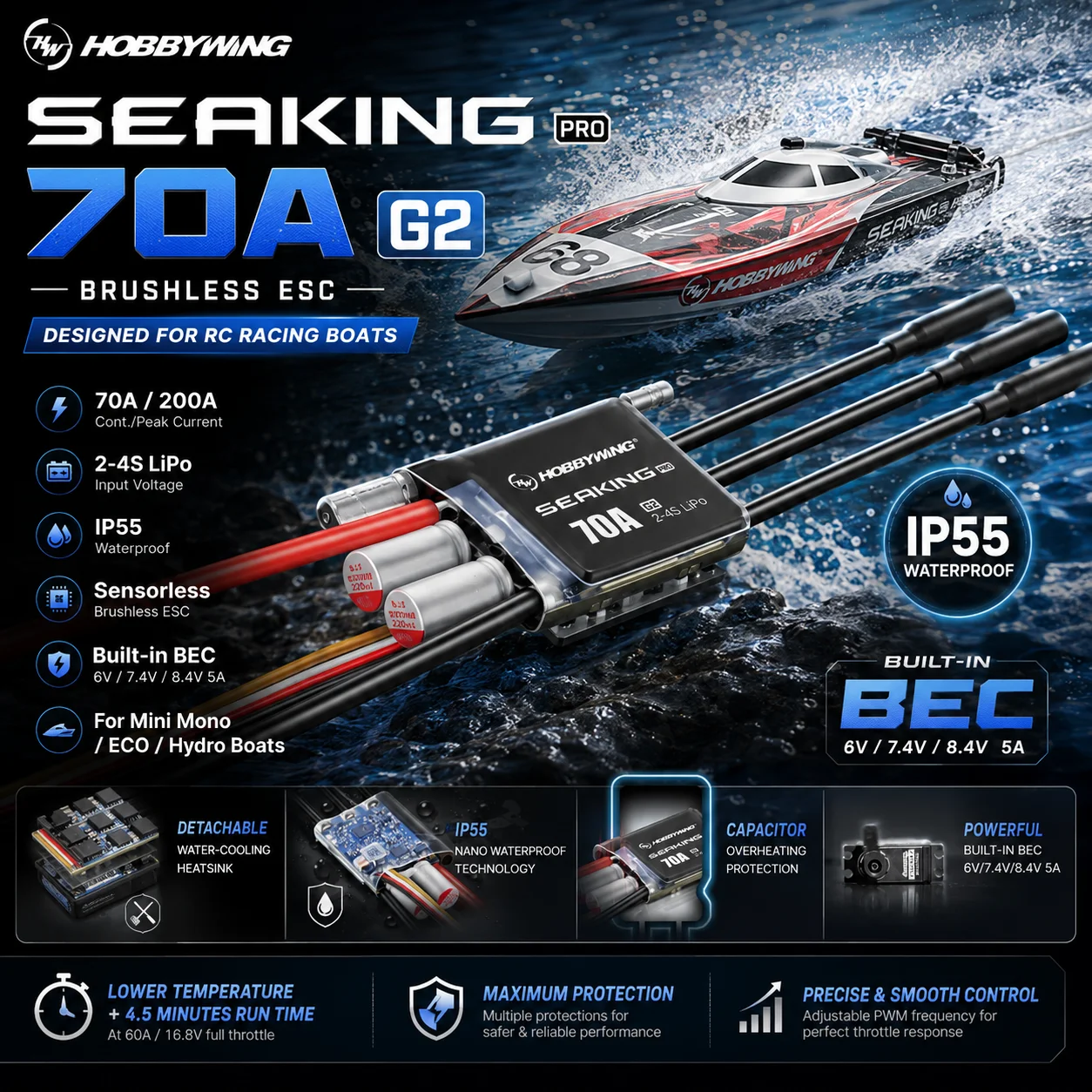 Hobbywing Seaking PRO 70A G2 ESC Sensorless Brushless Speed Controller 2-4S for Mini Mono/ECO/Hydro RC Competition Racing Boats