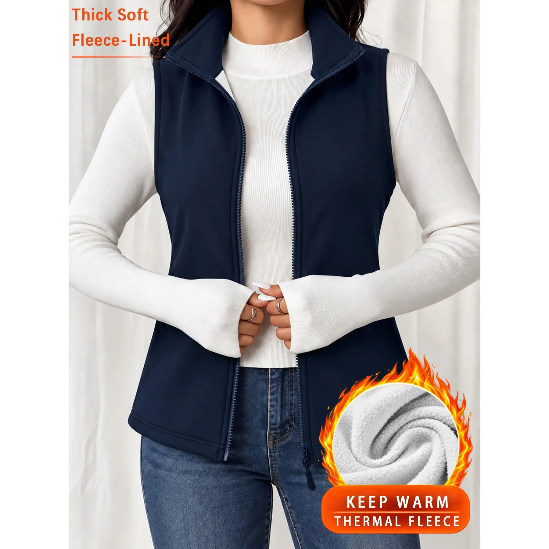 Fleece-Weste für Damen, dick, weich, mit Stehkragen, Reißverschluss, lässige Weste für den täglichen Gebrauch im Winter. – Detail 2