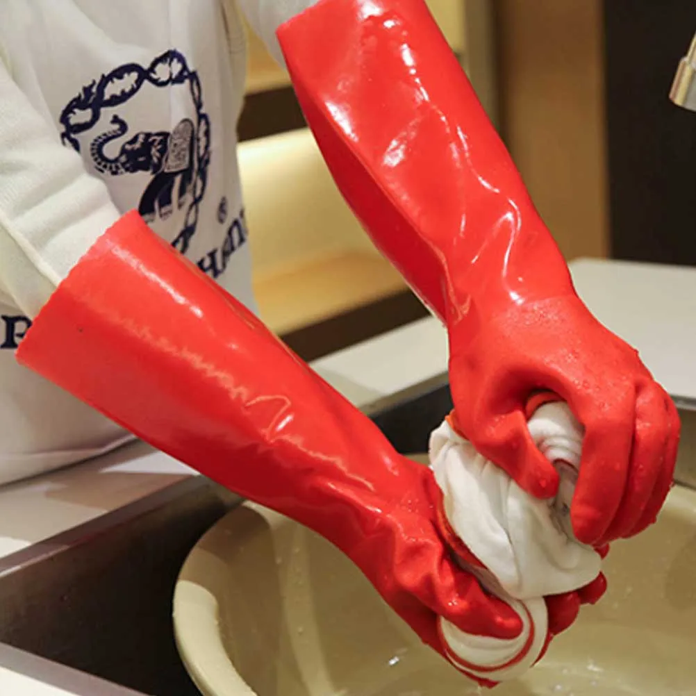 

1 Pair Thickened Warm Non-Slip Kitchen Cleaning Gloves 35Cm Red For Dishwashing Laundry Car Washing Gardening Reusable Housework