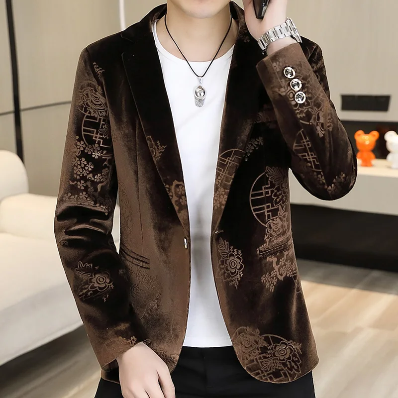 2024 Men\'s fine fashion handsome trend texture Korean version slim-fit velvet Chinese style simple comfortable casual suit