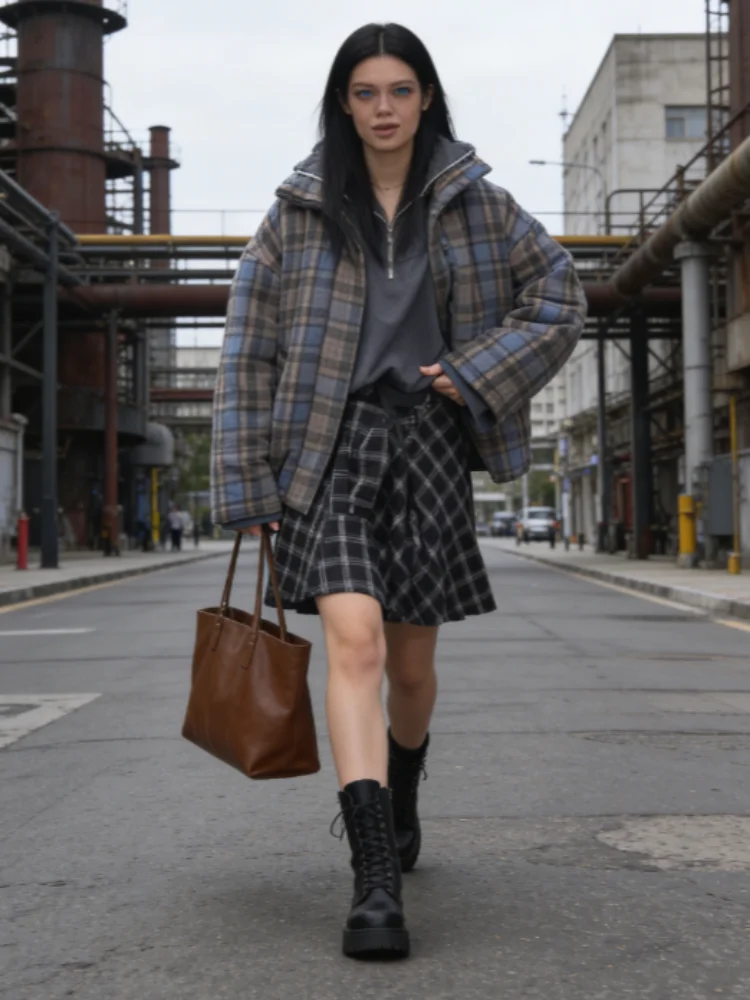 Retro Plaid Cotton Pad Jacket Women Lapel Zipper Long Sleeve Loose Female Coat 2026 Spring Winter Casual Lady New In Outerwear