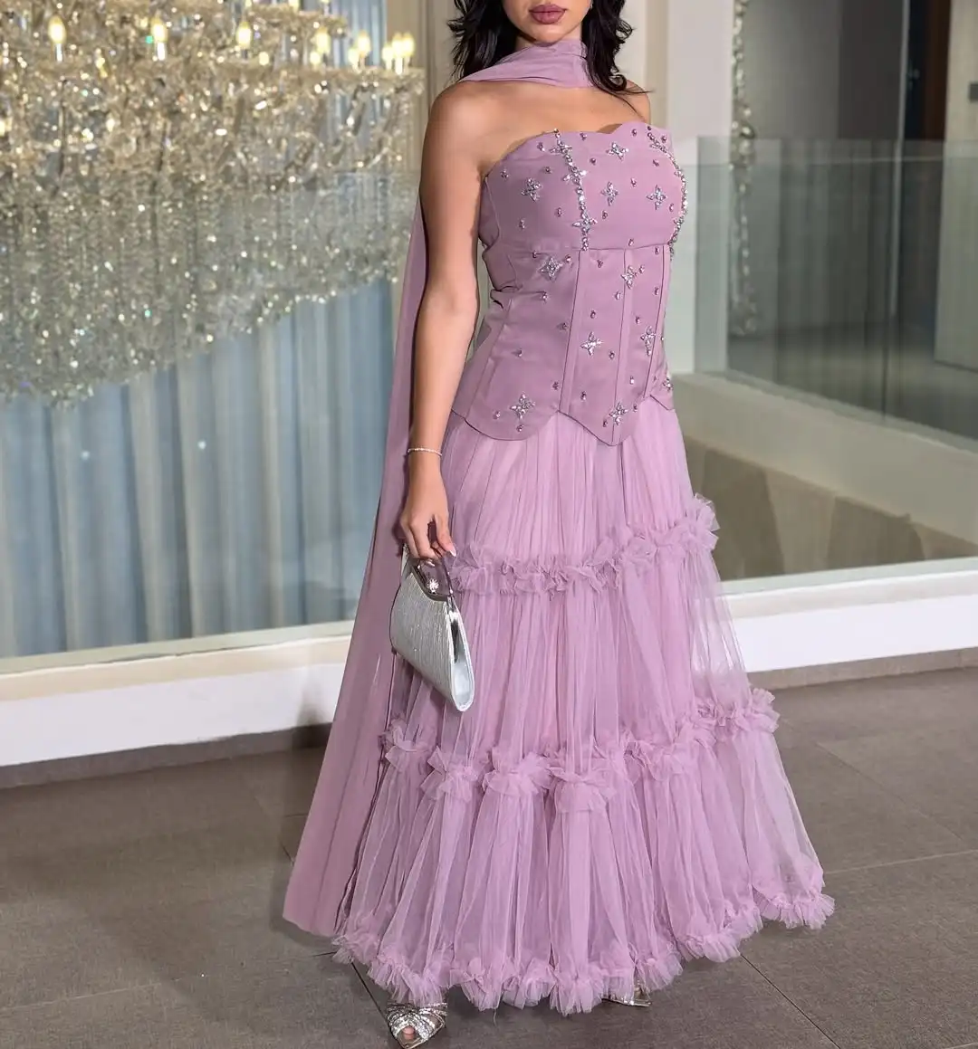 Dusty Purple Sweetheart Neckline Prom Dresses Long for Women 2026 Crystal Pleated Tiered Formal Evening Gowns Customized