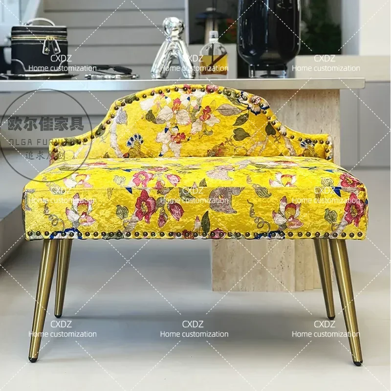 Pastoral Retro Floral Fabric Bedroom Bedside Stool With Backrest Long Bench For Entryway Shoe Changing Living Room Sofa