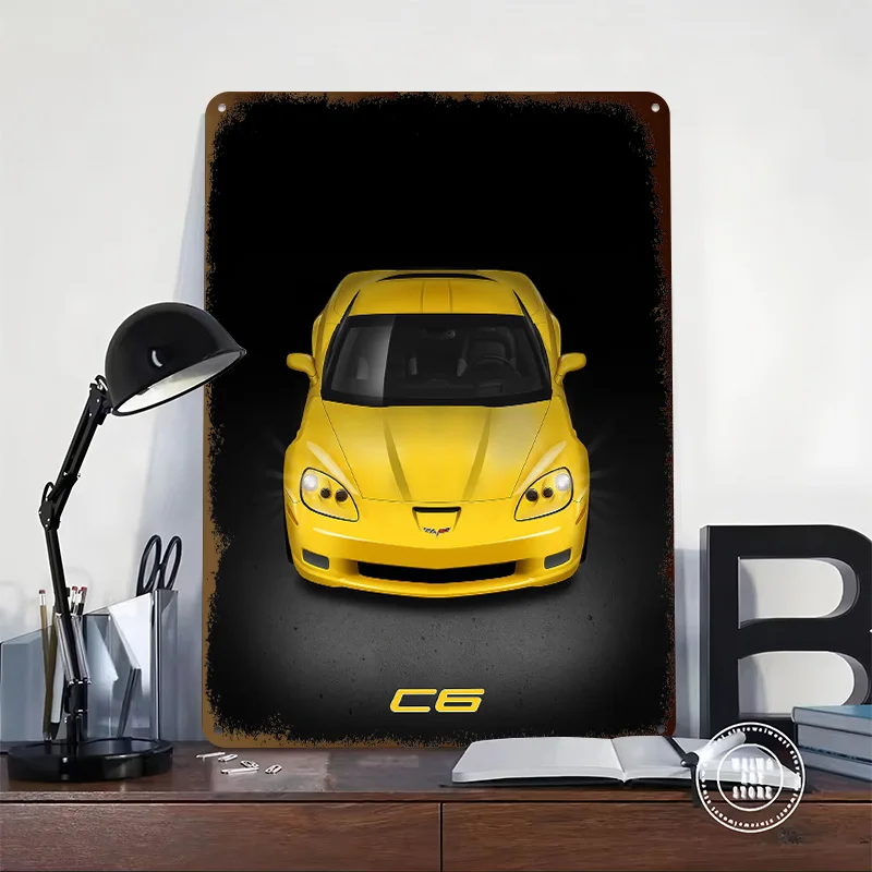 Corvette C6 Printed Poster Customized Wall Art Retro Vintage Metal Tin Signs for Garage Bar Accessories Gaming Room Decoration