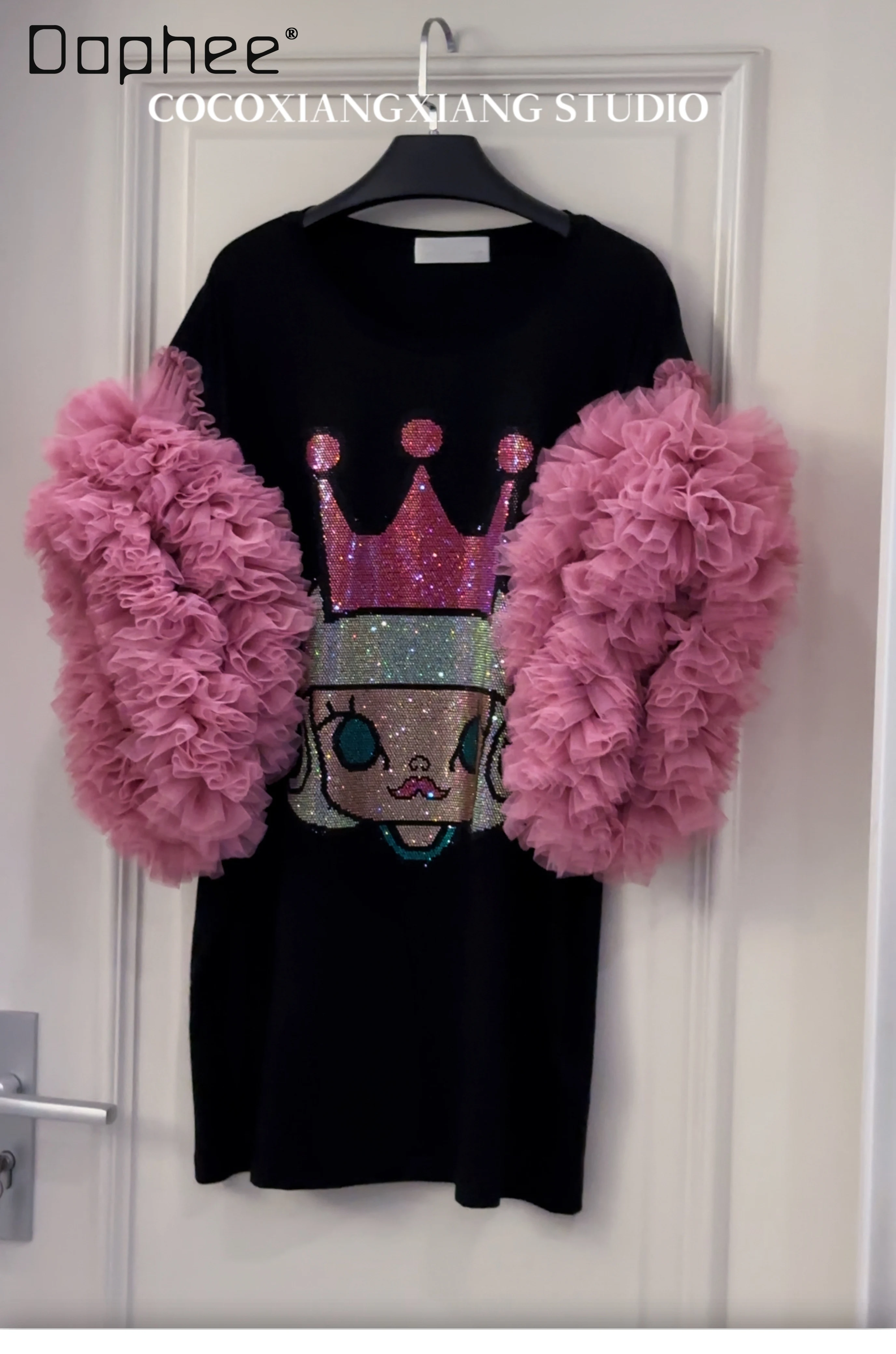 المد الساخن الماس الكرتون الصناعة الثقيلة منتفخ الأكمام شبكة خياطة فستان كبير الحجم لطيف فضفاض فساتين تي شيرت متوسطة وطويلة