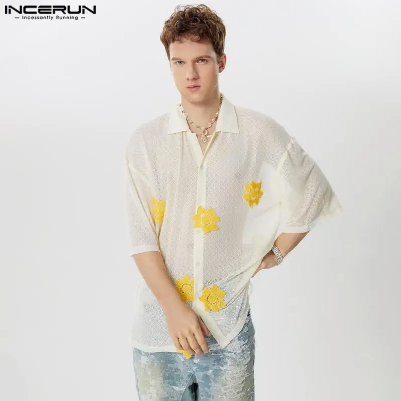 

Fashion Well Fitting Tops INCERUN Men Perspective Flower Patchwork Shirt Casual Streetwear Short Sleeved Lapel Blouse S-5XL 2024