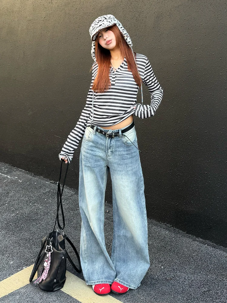 

Женские джинсы большого размера в американском ретро-стиле с эффектом потертости, с бамбуковым узором, свободные, прямые, стройнящие, повседневные, широкие, в пол