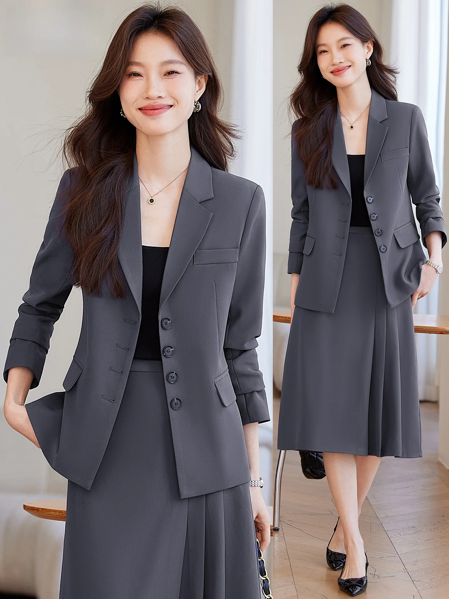 

Костюмный комплект для женщин: деловой наряд для собеседований и работы, профессиональный, маленький размер, пиджак, весна-осень, полиэстер