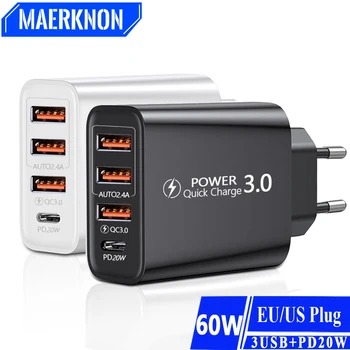 총 60W USB C PD 고속 충전 충전기, Muti 4 포트, C타입 휴대폰 벽 어댑터, 아이폰 샤오미 