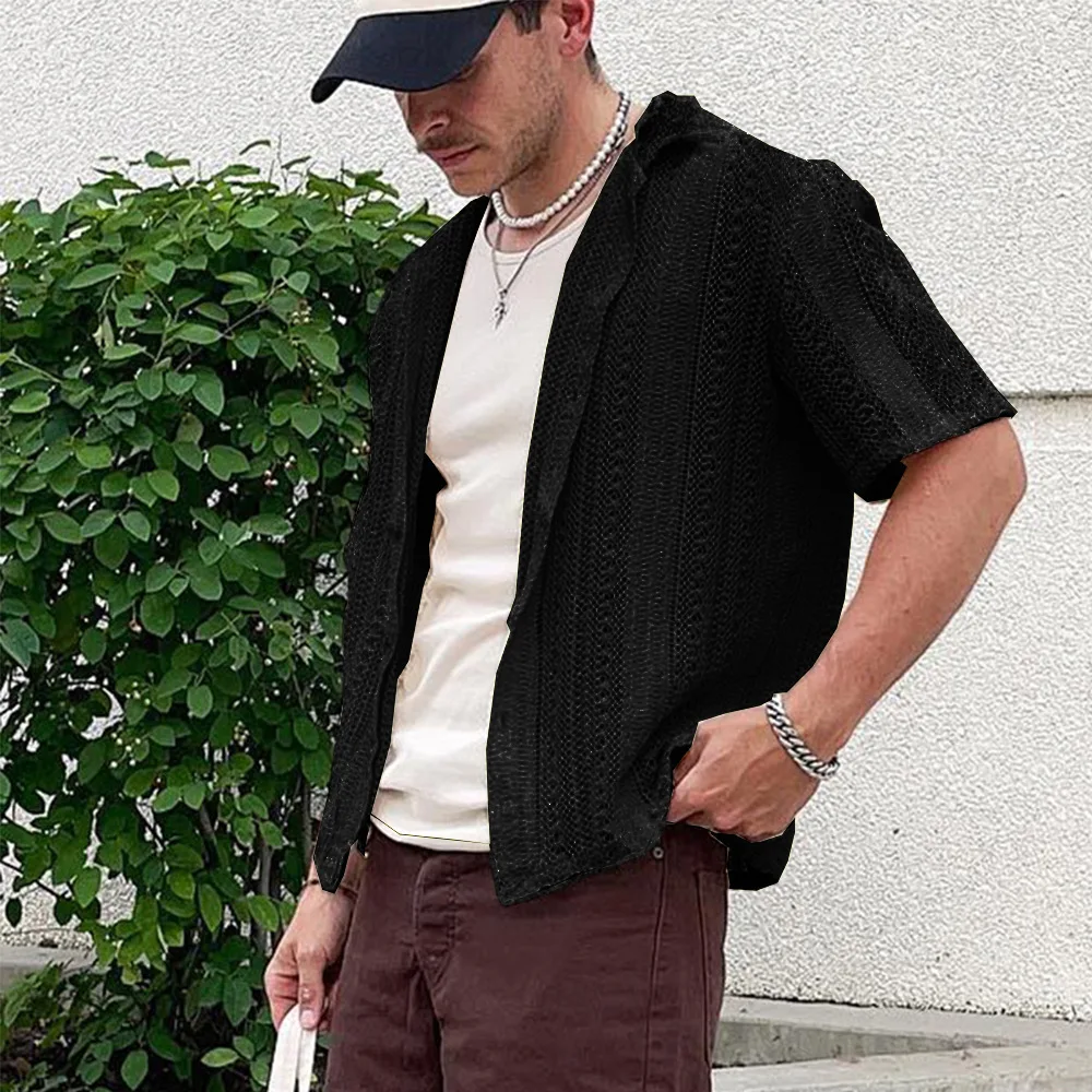 Summer Mens Knitted Shirts Beach Casual Solid Color Short-sleeved Tops Fashionable Hollow Out Knit Cardigan Male Knitting Shirt