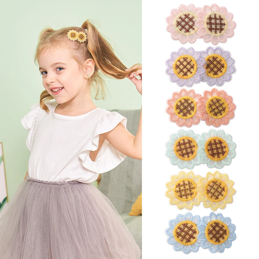 50 PCS/Lot, Embroidery Sunflower Snap Clips For Baby Girls Lovely Hairpins Kids Girls Hair Accessories