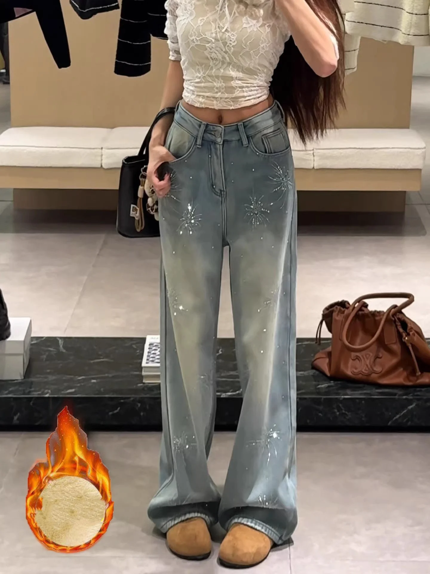 

Fashionable High-Waisted Fleece-Lined Straight-Leg Denim Jeans Women's Winter Thickened Diamond-Embroidered Wide-Leg Pants