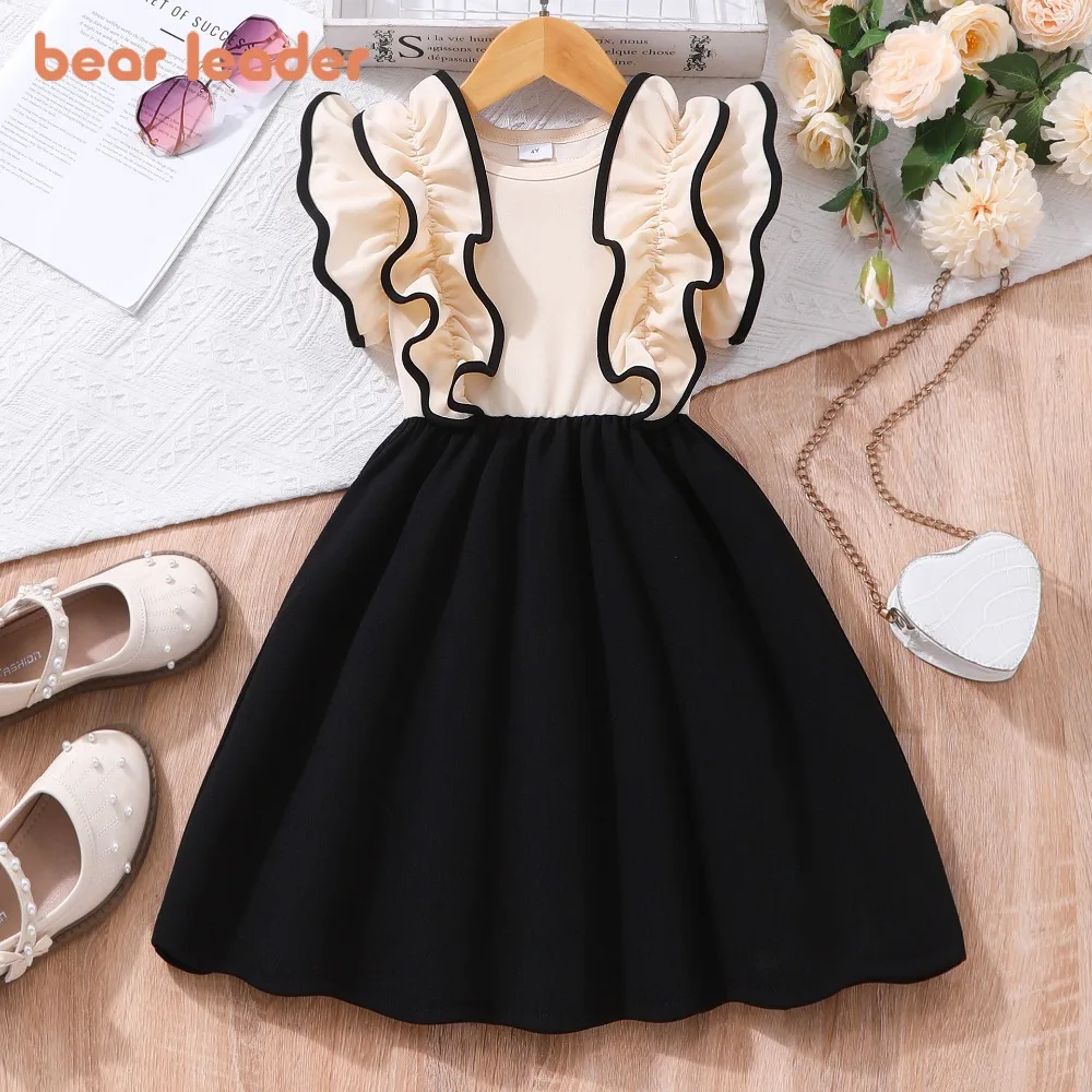 

Bear Leader, модная детская повседневная одежда с цветными блоками, платье без рукавов с 3D кружевными украшениями, летние однотонные платья для девочек