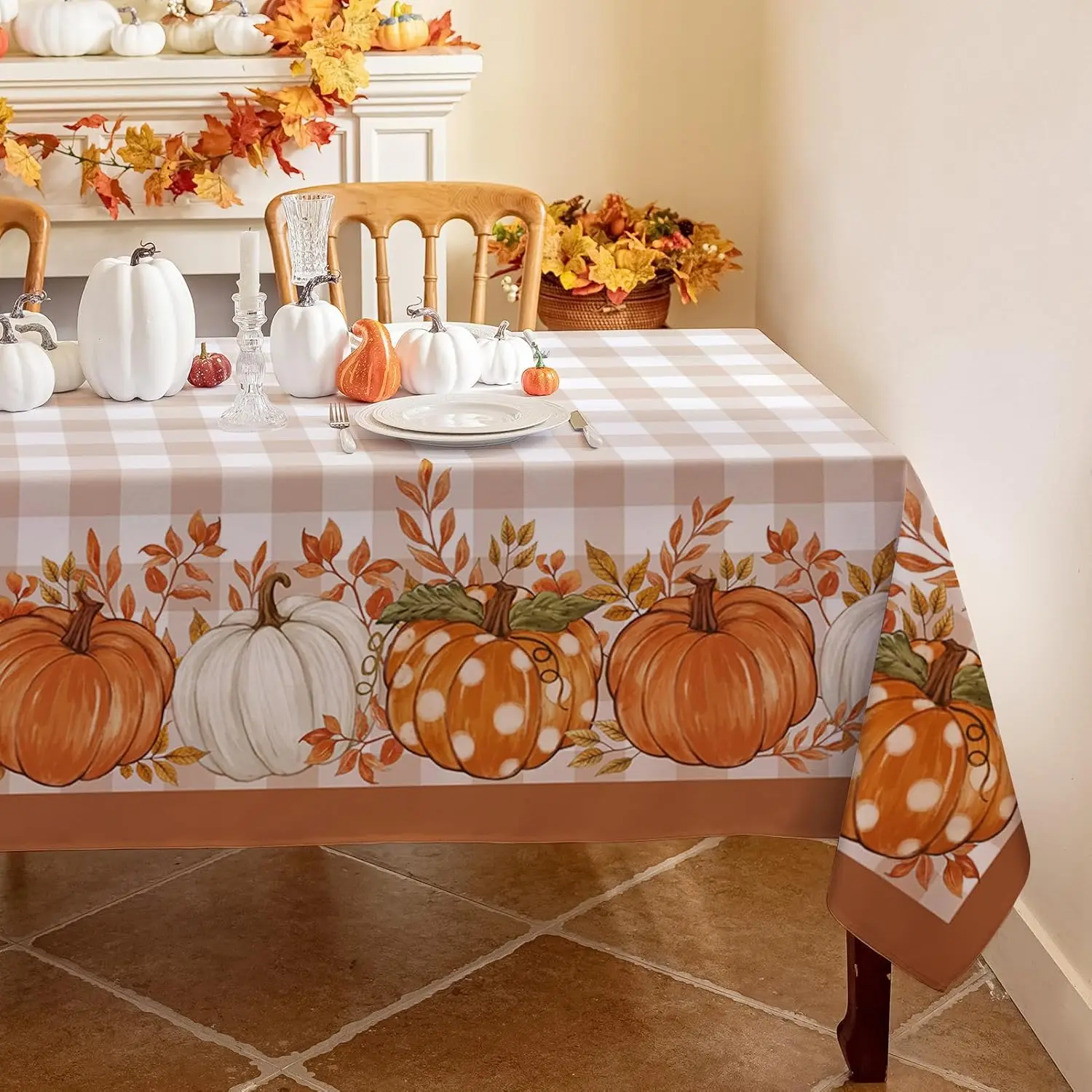 Thanksgiving Autumn Harvest Pumpkin Buffalo Plaid Tablecloth Fall Rectangle Waterproof Table Cloth for Wedding Party Table Decor