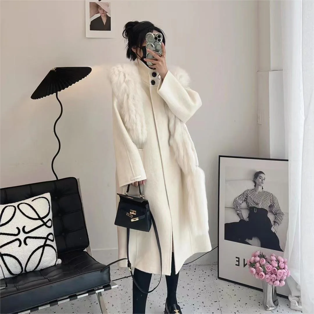 Fox fur coat women\'s 2024 winter new fur coat medium long woolen coat spliced with fox fur