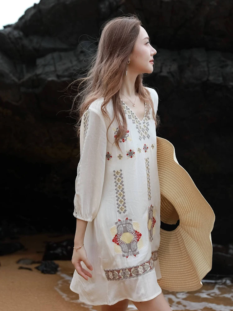 KHALEE YOSE Boho Floral Embroidery Summer Dress White Long Sleeve V-neck Loose Women Vocation Ladies Party Dresses Vestidos New