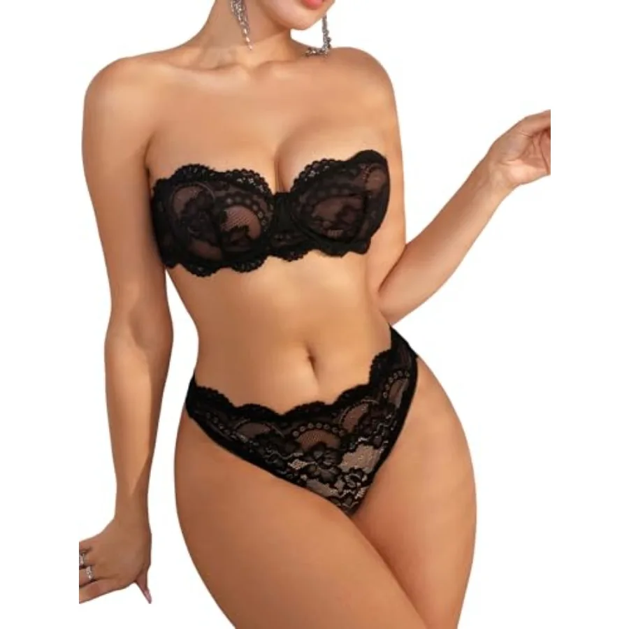 

Women's 2 Pcs Exotic Lingerie Set Floral Lace Mesh Sheer Strapless Bra and Panty Set