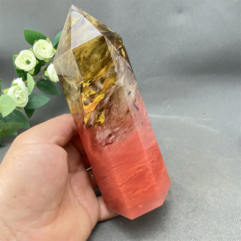 Red Smelt Quartz Crystal Tower Hexagonal Prism Magic Wand Ornament for Room Office Garden Tank Table Yoga Meditation Gift
