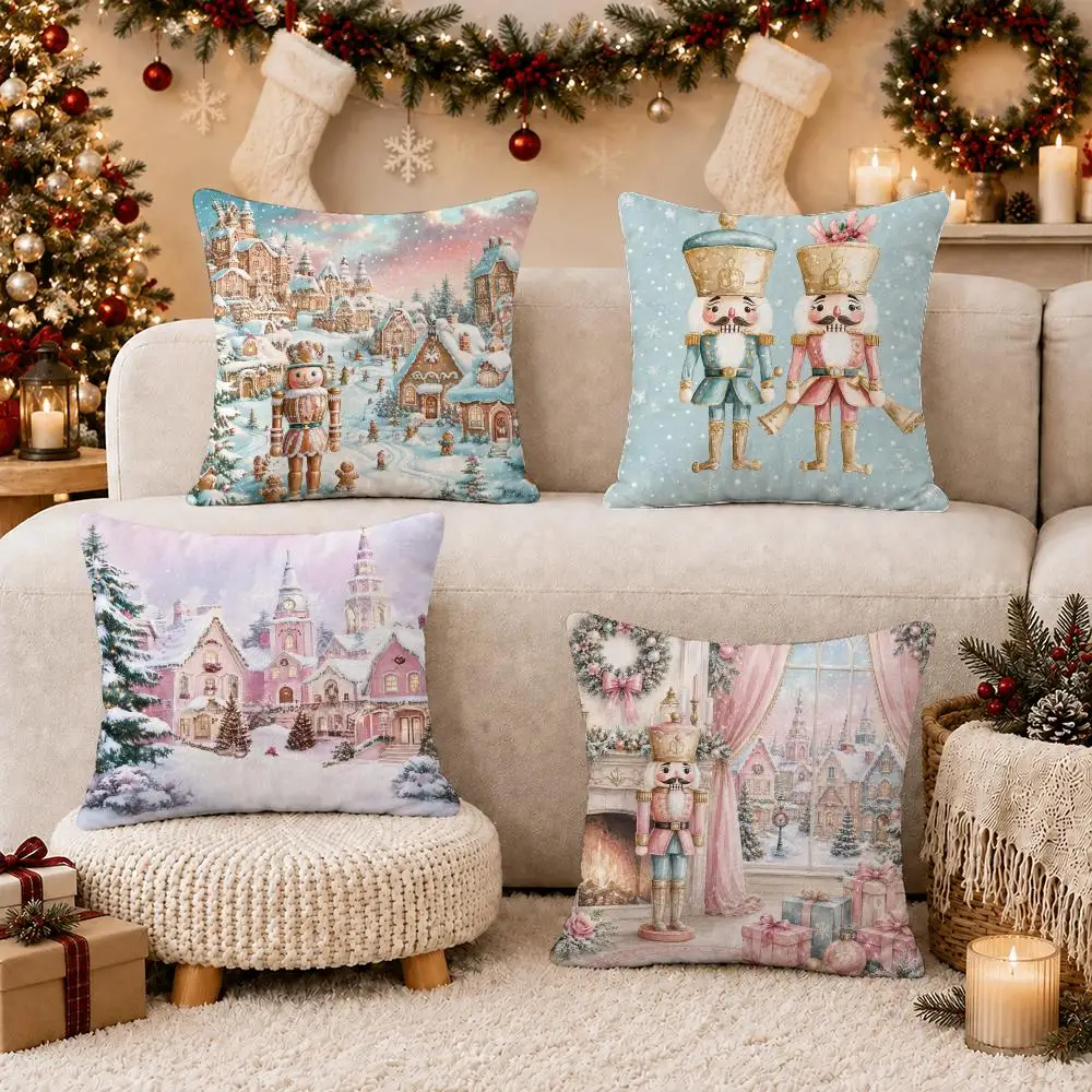Festive Nutcracker Christmas Cushion Cover Soft Short Plush Double-Sided Printing Sofa Home Decor Festival Pillow Case Gifts