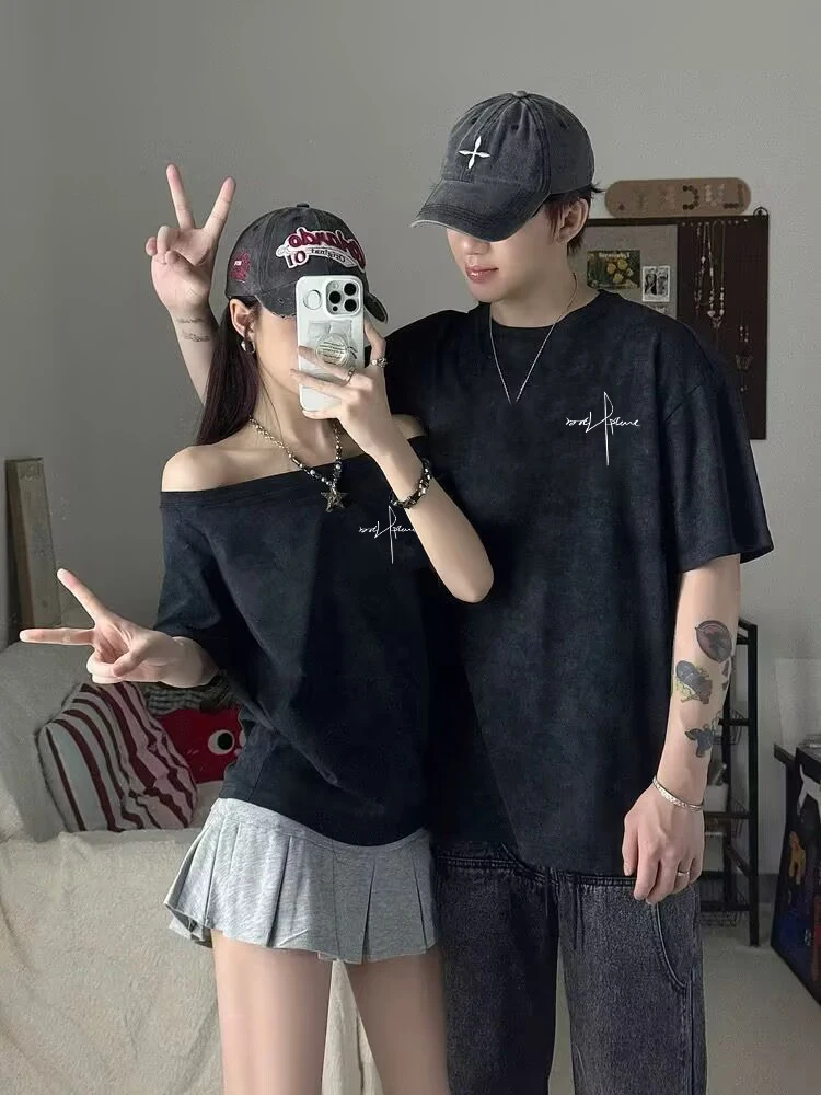 

Футболки для пар ort Sve, дизайн из чистого хлопка, лето 2023, модная повседневная свободная посадка, молодежная повседневная одежда с принтом