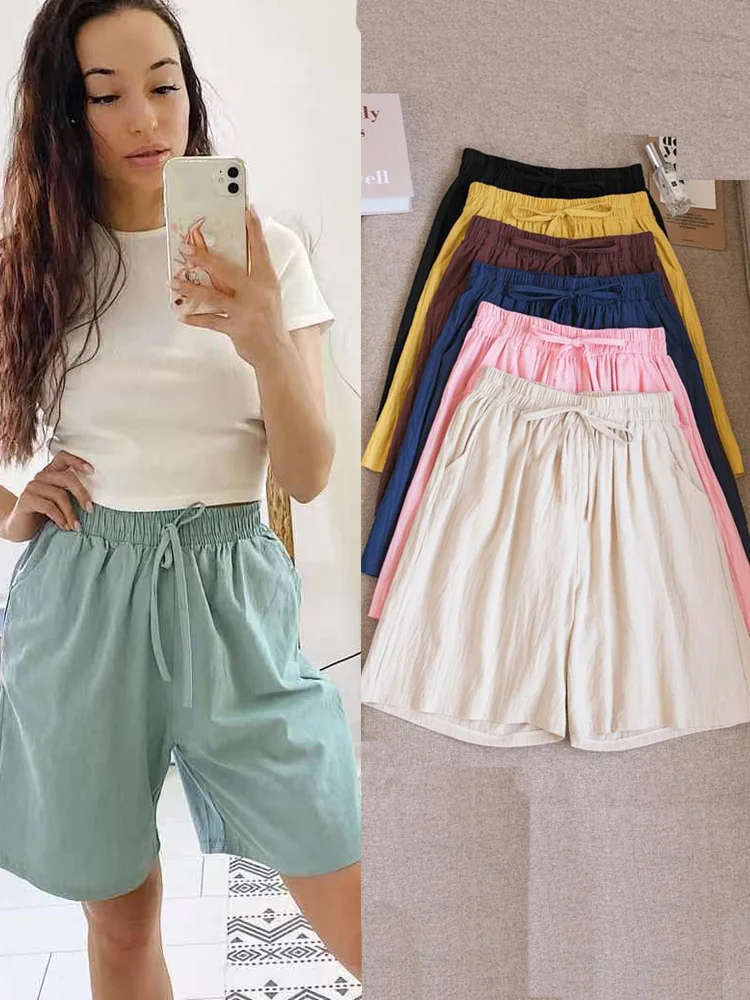 Dames katoenen shorts zomer casual effen twee zakken shorts hoge taille losse shorts voor meisjes zachte coole vrouwelijke shorts