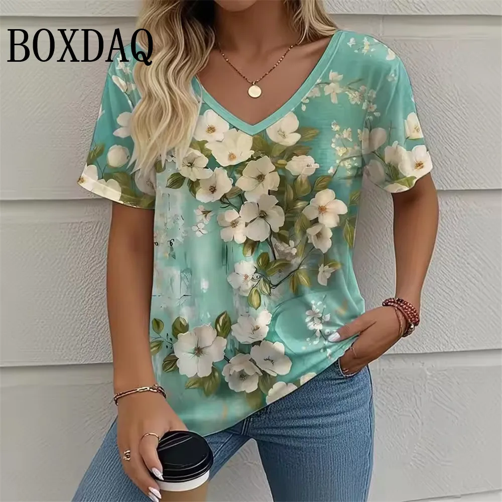 

Summer Women's V-Neck T-Shirt Outdoor Casual Short Sleeve Tops Vintage Floral Printed Loose Women's Clothing Plus Size Tees 8XL