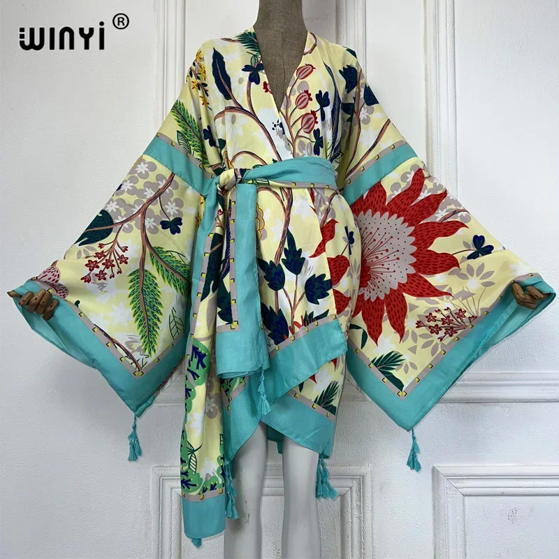 

WINYI Catwalk Kimono Women Printed bubble hem coat Long Sleeve Cardigan abaya dubai luxury beachwear Cover Up boho dress Caftan