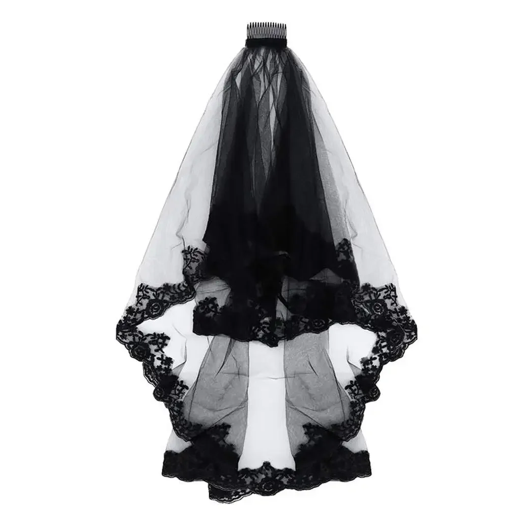 Thick Wedding Veil Black Lace Bride for Marriage Accessories 2024