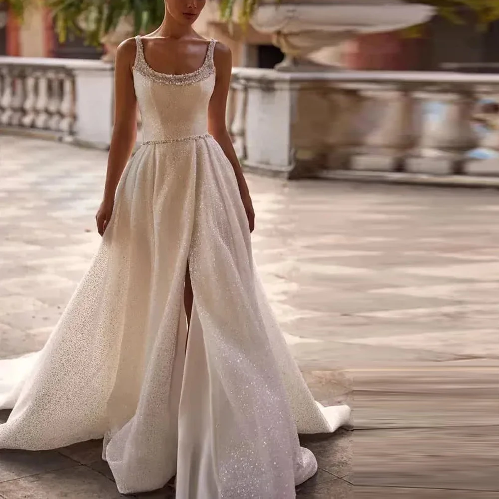 

Блестящие свадебные платья трапециевидной формы с квадратным вырезом по индивидуальному заказу, свадебное платье с широким ремешком и открытой спиной, тюлевое платье с разрезом по бокам, платья de novia