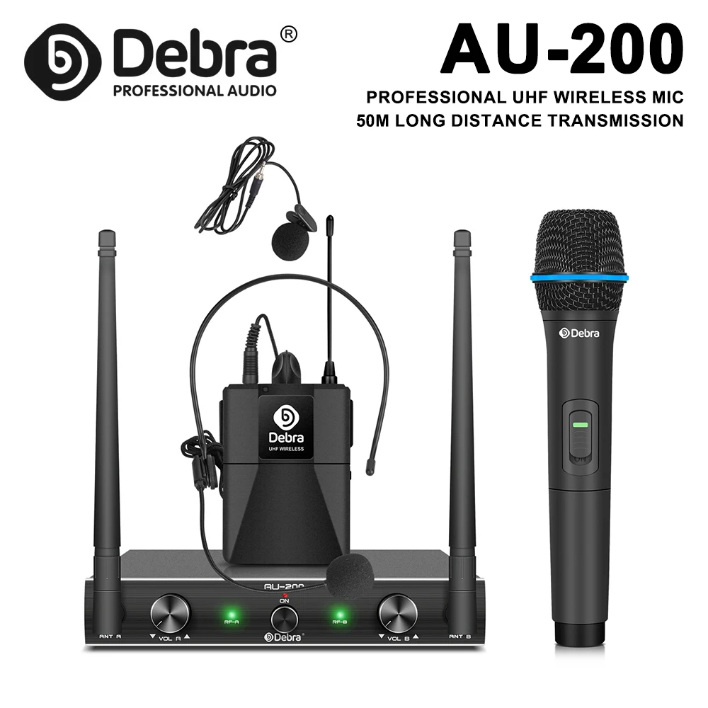 

IKGE AU200 Wireless Microphone System, Portable UHF 2-channel Handheld or Lavalier and Headset, for Band Performance, Karaoke