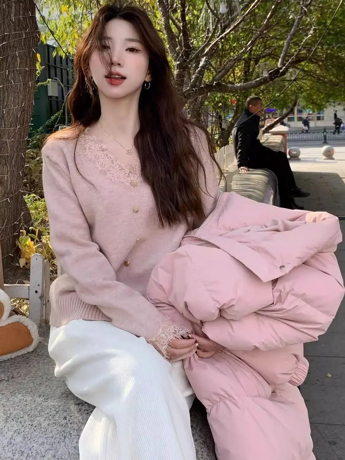 سترة نسائية من الدانتيل الوردي للخريف والشتاء، طبقة أساسية محبوكة ناعمة ومريحة، ملابس داخلية متعددة الاستخدامات، ملابس علوية للتنقل...