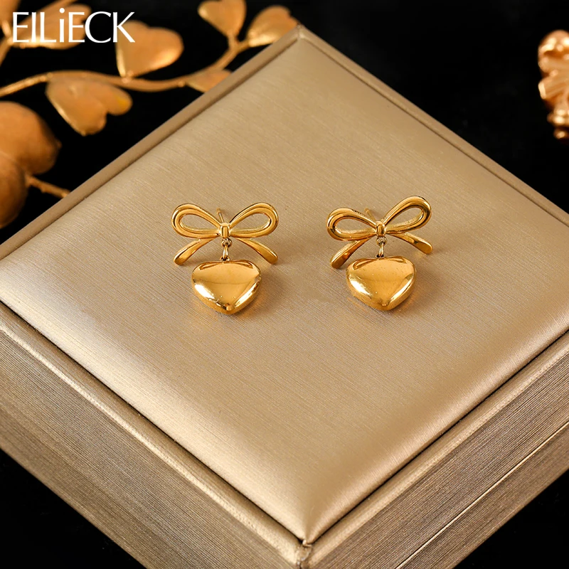 

EILIECK 316L Stainless Steel Golden Bowknot Heart Dangle Earrings For Women Girl Fashion Ear Jewelry Holiday Gift Bijoux Серьги