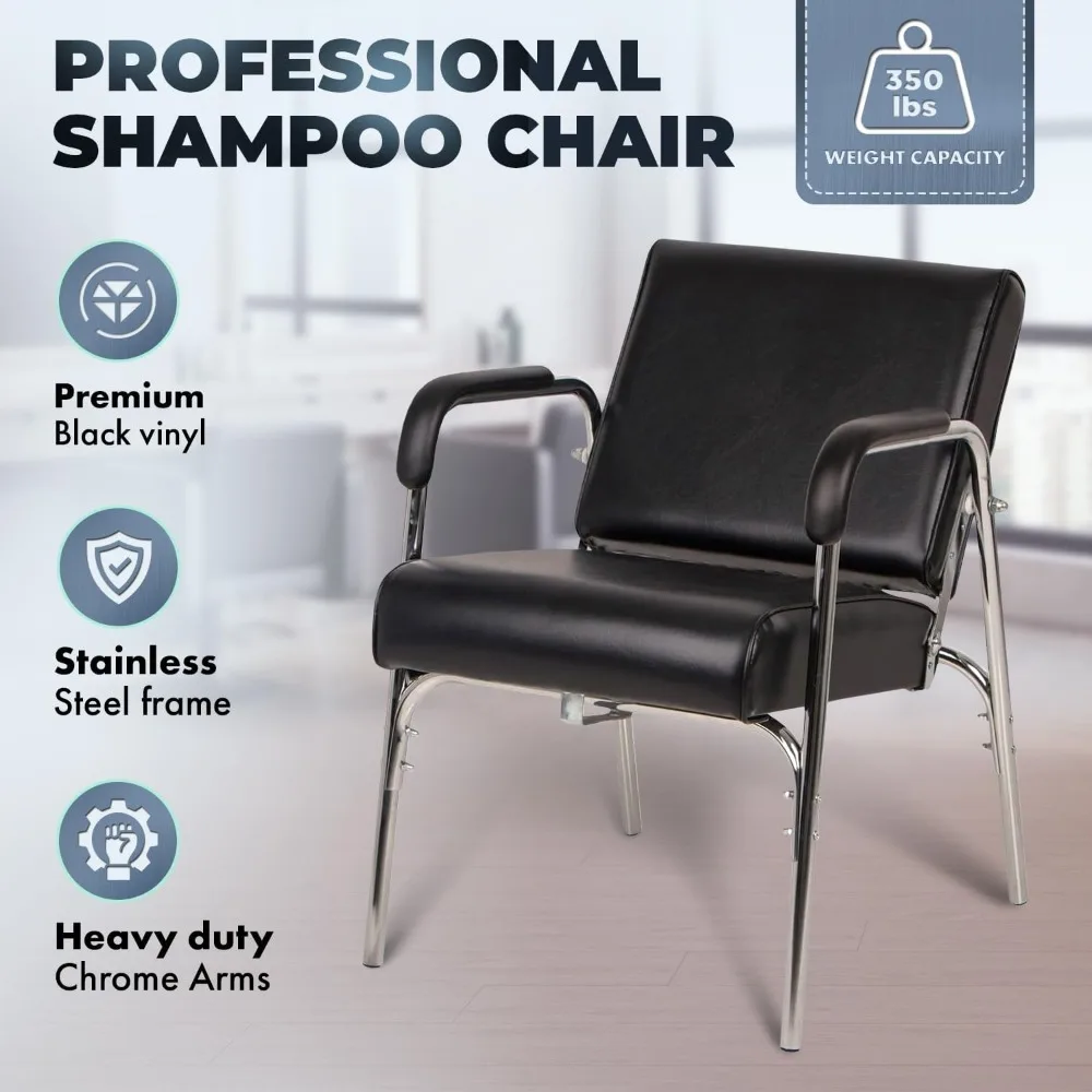 كرسي شامبو مريح للاستلقاء مع وسادة قطيفة، أذرع كروم قوية، تنجيد من الفينيل الأسود #3