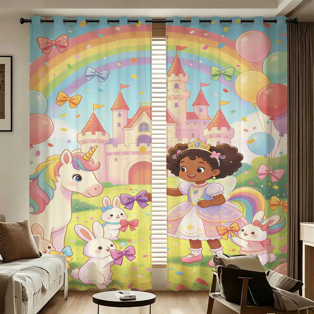 Rainbow Unicorn Princess Printed Curtains 2 Panels Light Blocking Rate 85% Darkening Curtains Cute Girls Bedroom Drape