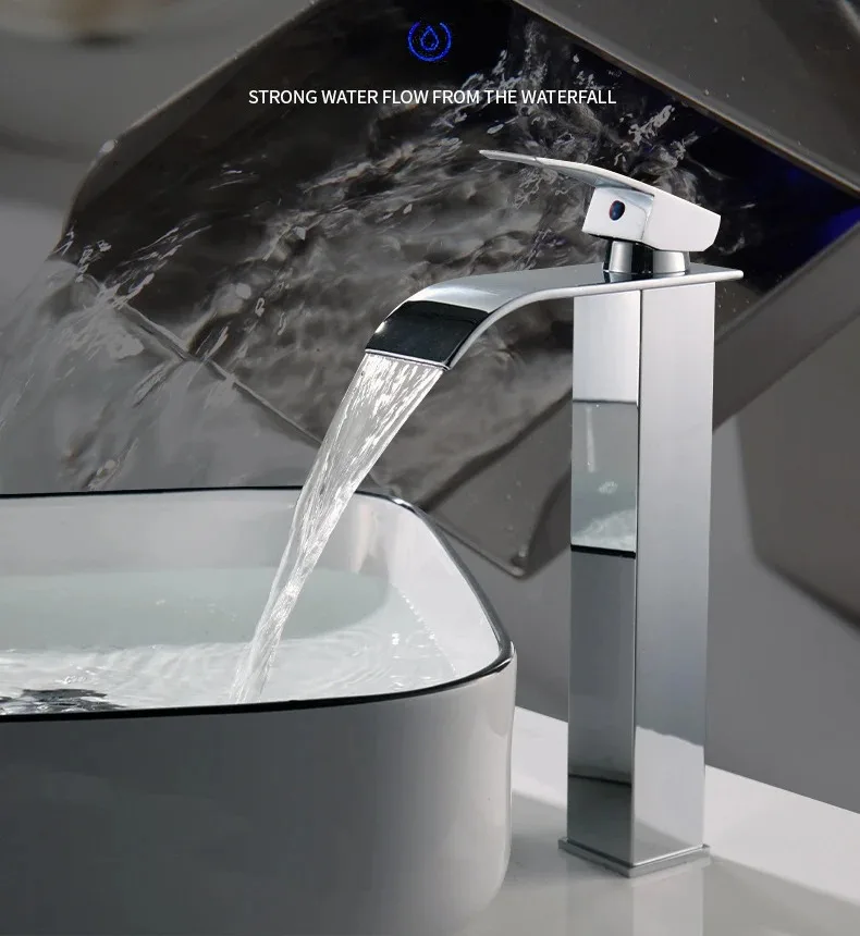 Wasserfall-Waschbecken, Edelstahl, hoher und niedriger Wasserhahn, schwarz, heißes und kaltes Toilettenwaschbecken, Badezimmer – Detail 5