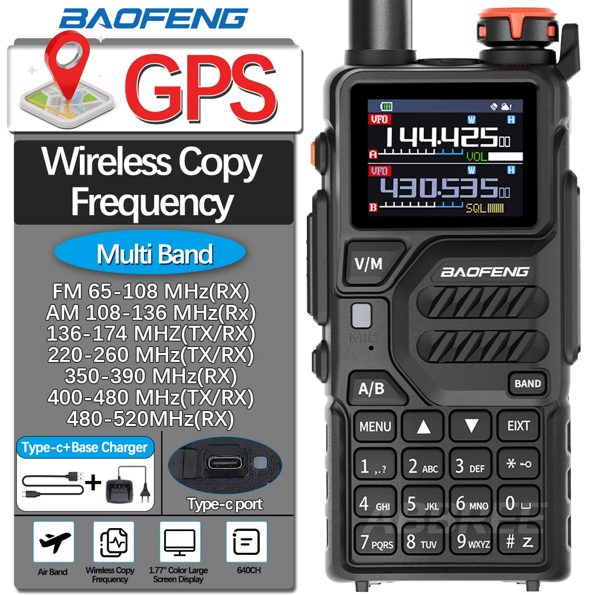 

BAOFENG UV-K5 PRO GPS Multi Band Walkie Talkie Type-c AM DTMF GPS Wireless Copy Frequency Long Range AM FM Two Way Radio