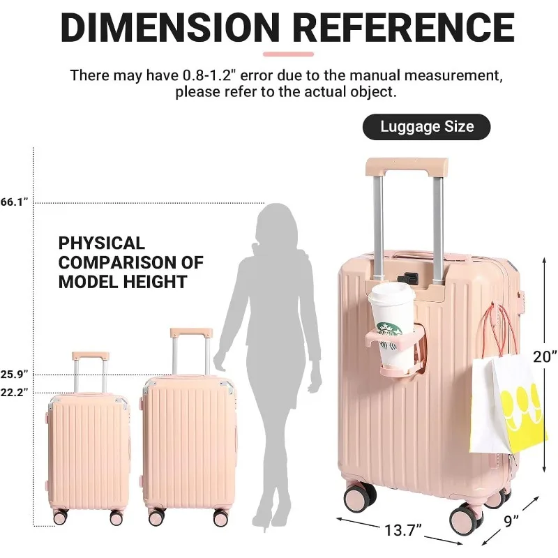 Carry-on Luggage with Cup Holder & USB Charging Port, Hard Side Luggage with Spinner Wheels, Lightweight Luggage for Travel